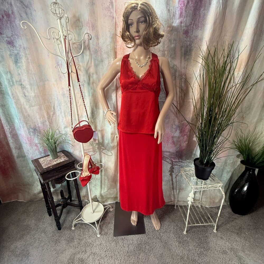 NEW 📌JustFab Salsa Red Tummy Tamer Tube Long Skirt & Lace Trim Tank Top